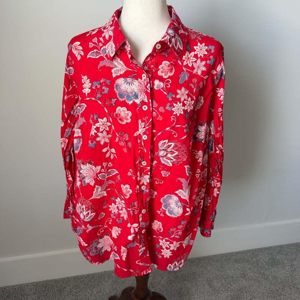 Talbots Plus Size 1X Red Floral Cotton Button-Up Shirt